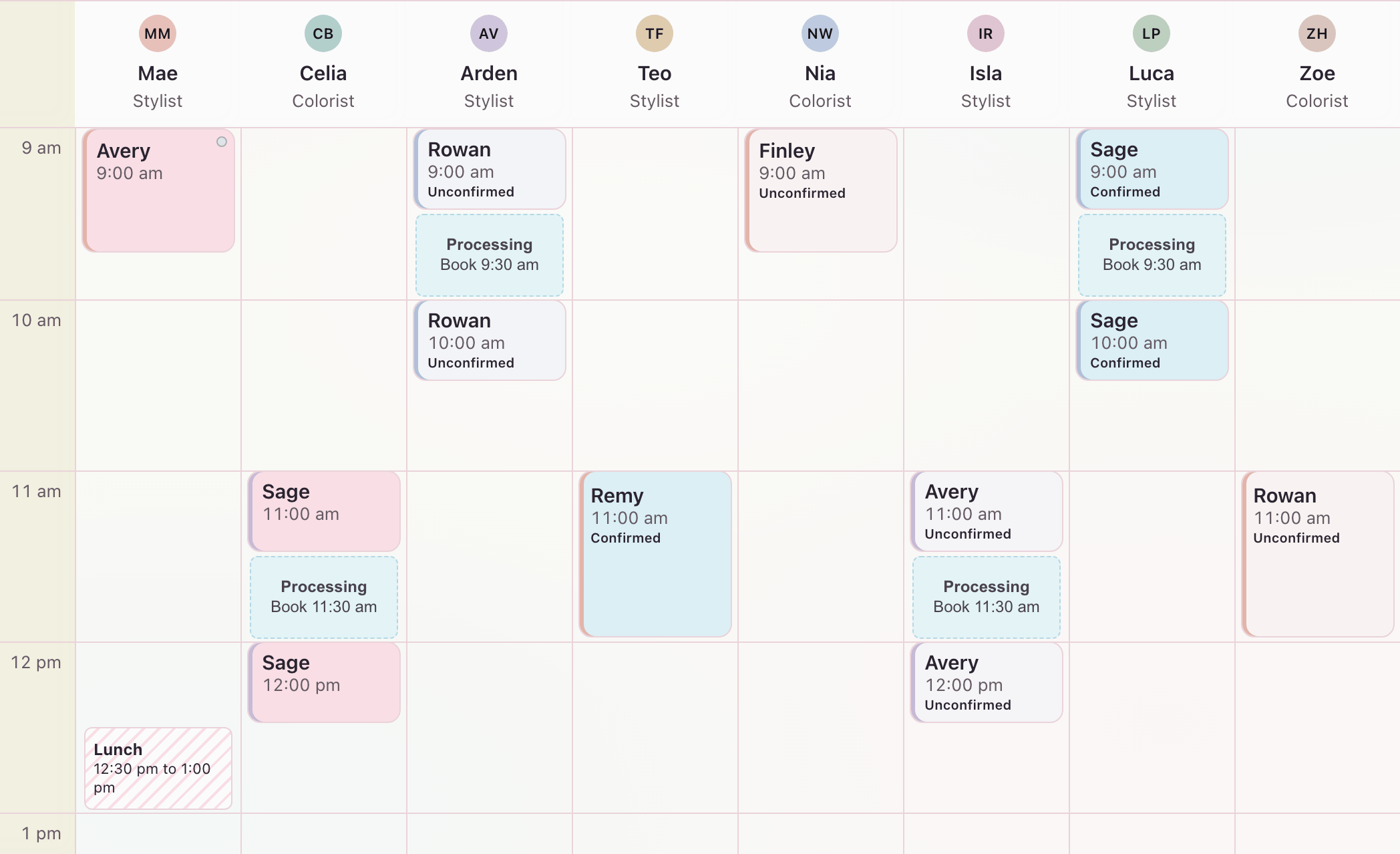 Sample Book grid. Stylist columns, color visits, and open chairs.