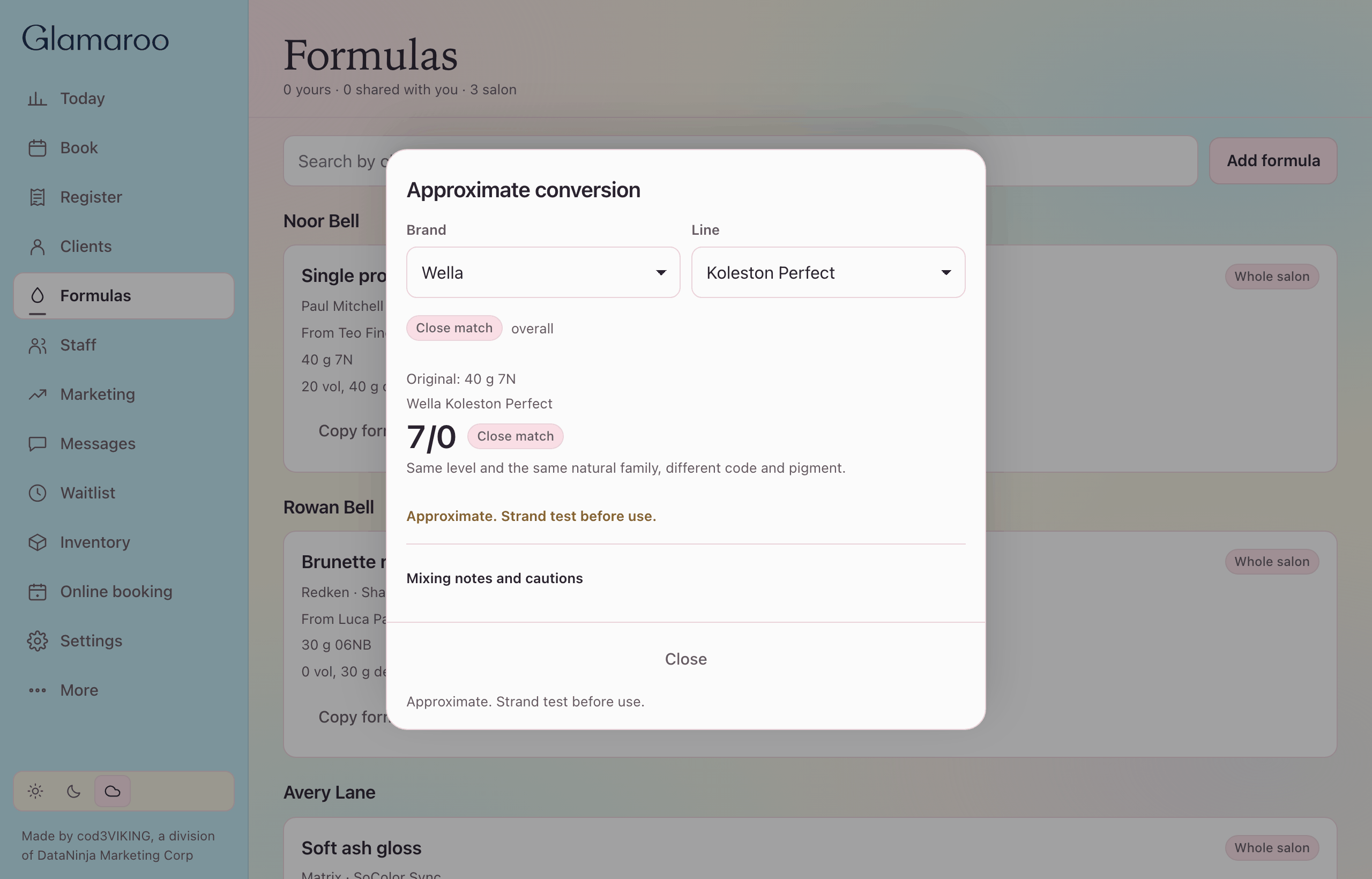 Sample formulas on desktop. Converter open. Approximate. Strand test first.