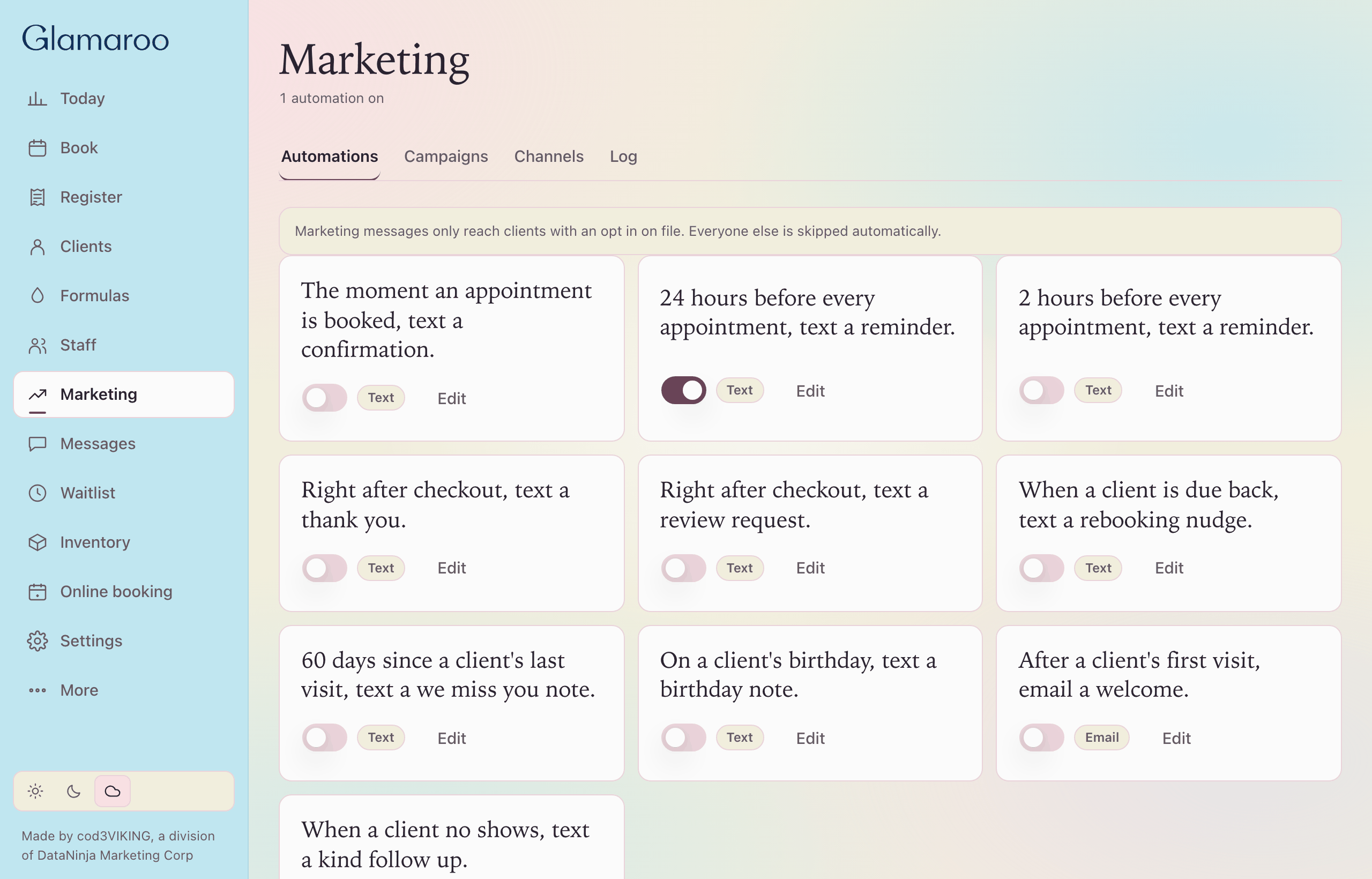 Sample marketing on desktop. Automations and a reminder card.