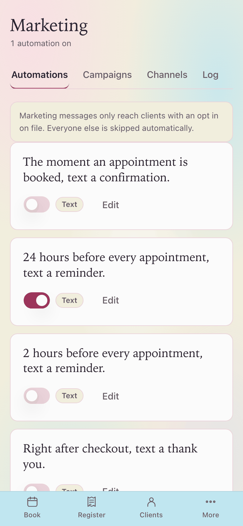 Sample marketing on a phone. The same automation cards.