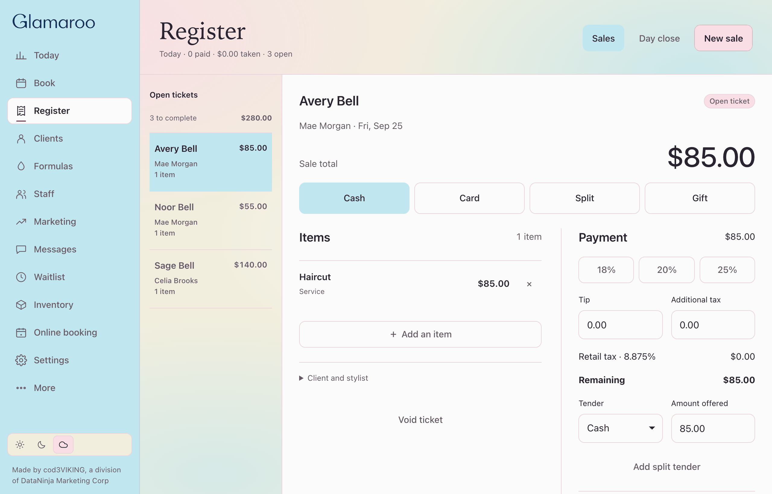 Sample register on desktop. Open tickets and a day total.